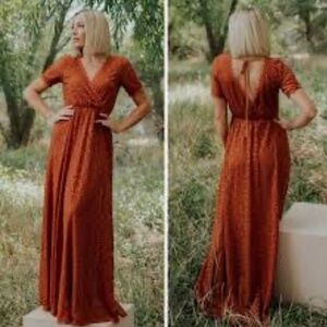 Baltic Born Brown and Orange Wrap Maxi Dress with Ruffled V-Neck